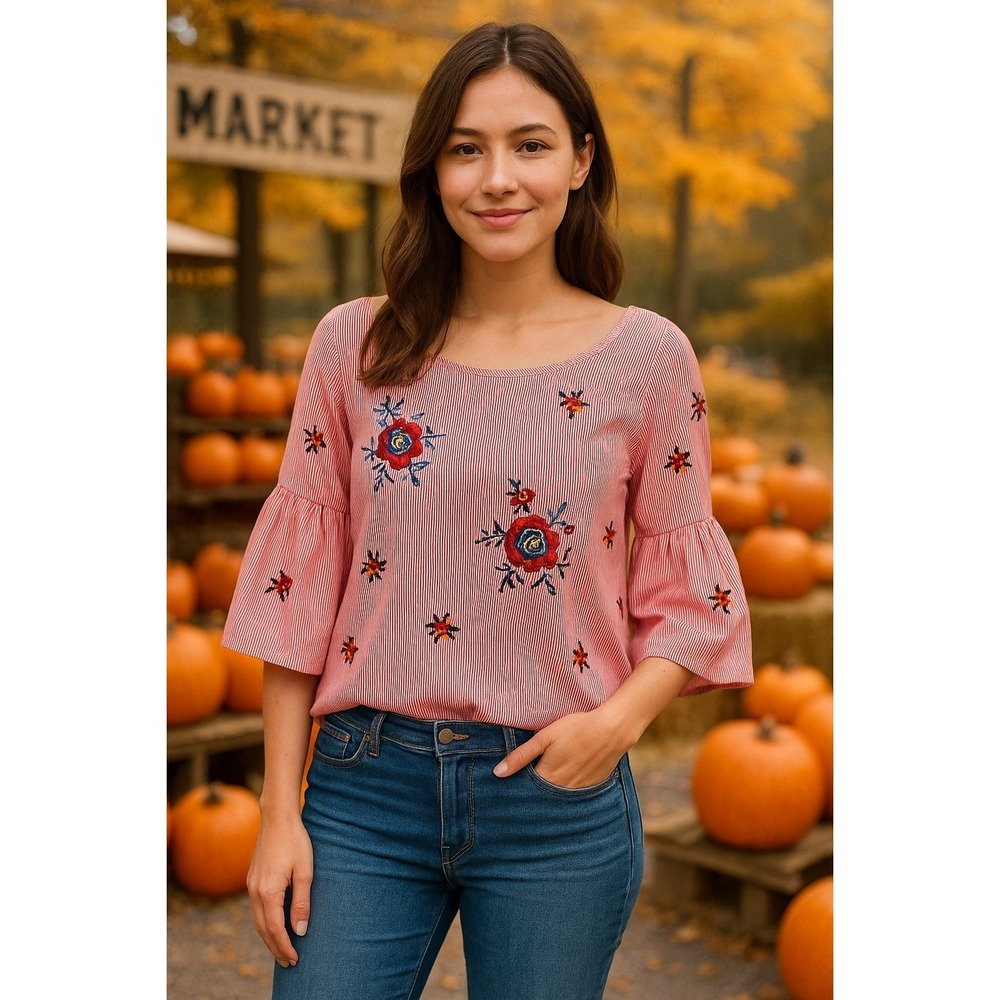 Nine West Medium Pink Embroidered Floral Bell Sleeve Striped Blouse Boho Top - Picture 4 of 11